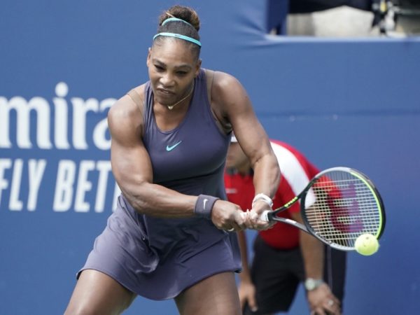 Serena Williams hits a ball at Rogers Cup final
