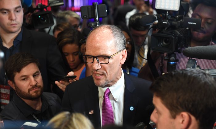 Chair of the Democratic National Committee, Tom Perez, speaks with reporters before the first Democratic primary debate of the 2020 presidential campaign season in Miami, Florida, on June 26, 2019. (SAUL LOEB/AFP/Getty Images)