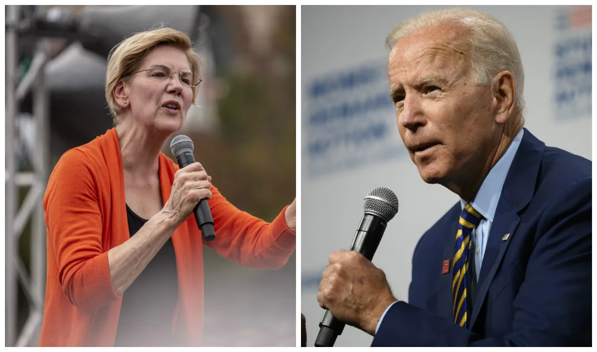 (L)-Democratic presidential candidate Sen. Elizabeth Warren (D-Mass.) speaks to a crowd at the Iowa State Fair in Des Moines, Iowa on Aug. 10, 2019. (Sergio Flores/Getty Images) (R)-Democratic presidential candidate and former Vice President Joe Biden speaks on stage during a forum on gun safety at the Iowa Events Center in Des Moines, Iowa on Aug. 10, 2019. (Stephen Maturen/Getty Images)