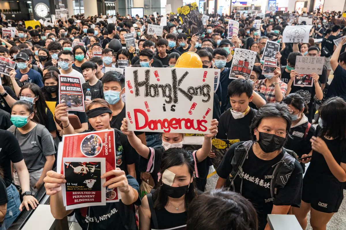 Protesters occupy the arrival hall of the Hong Kong International Airport during a demonstration in Hong Kong, on Aug. 12, 2019. (Anthony Kwan/Getty Images)