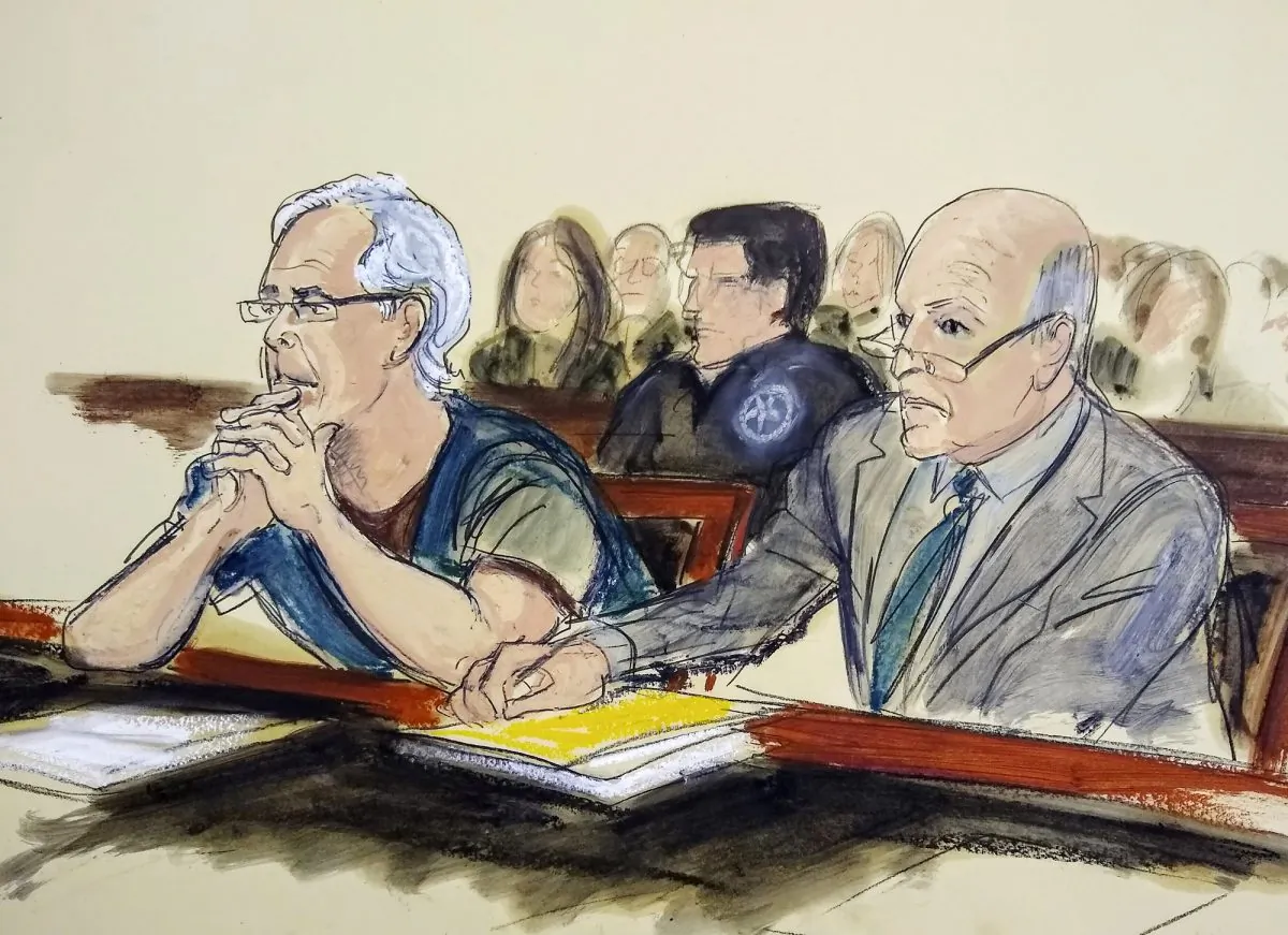 In this July 15, 2019 courtroom artist's sketch, defendant Jeffrey Epstein, left, and his attorney Martin Weinberg listen during a bail hearing in federal court, in New York. (Elizabeth Williams via AP, File)