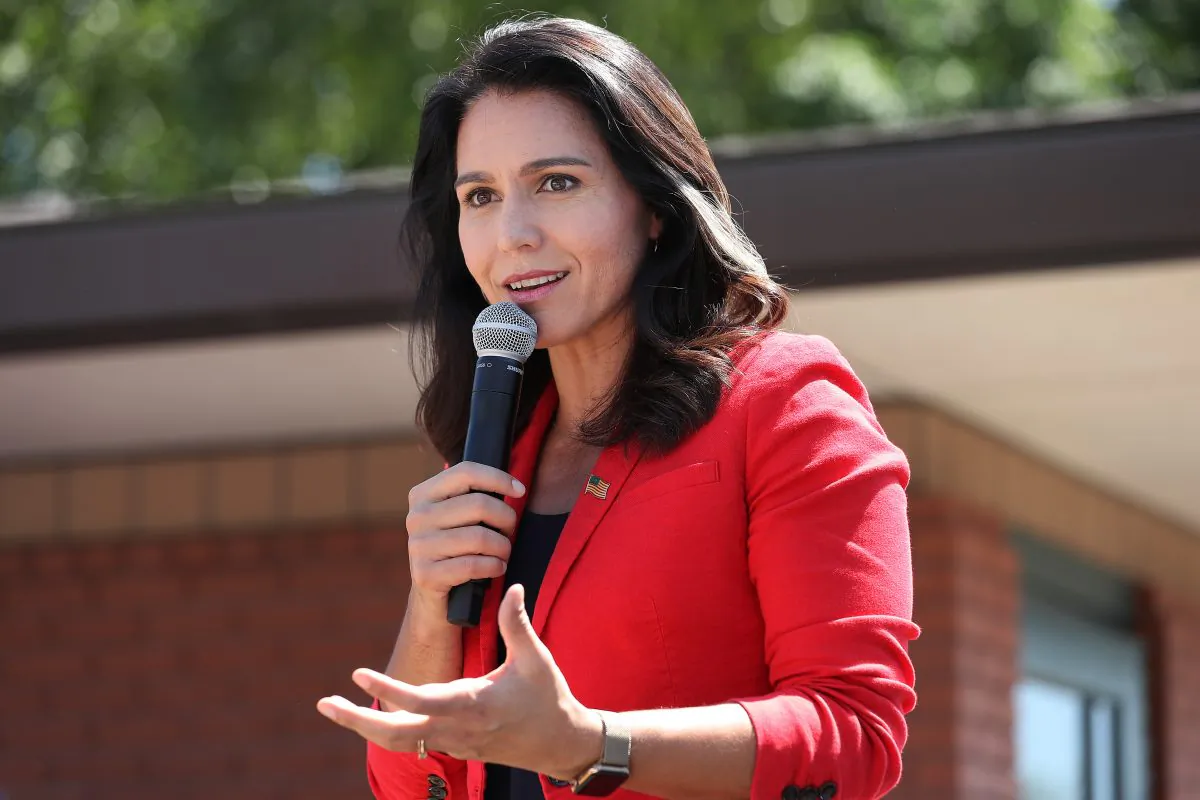 Democratic presidential candidate Rep. Tulsi Gabbard (D-Hawaii) delivers a campaign speech during the Iowa State Fair in Des Moines, Iowa, on Aug. 09, 2019. (Chip Somodevilla/Getty Images)