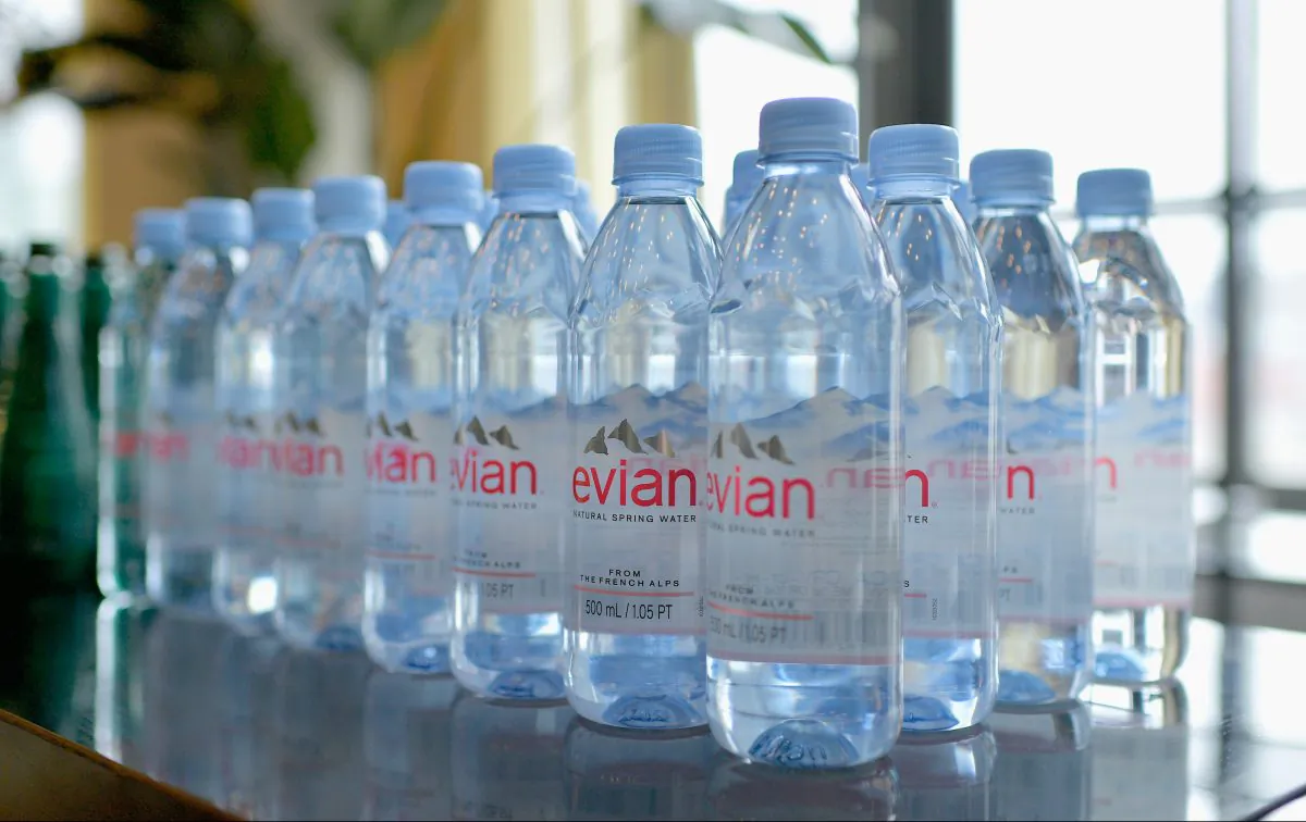 A detail view of Evian bottled water at Spring Studios in New York City on Feb 8, 2019. (Roy Rochlin/Getty Images)