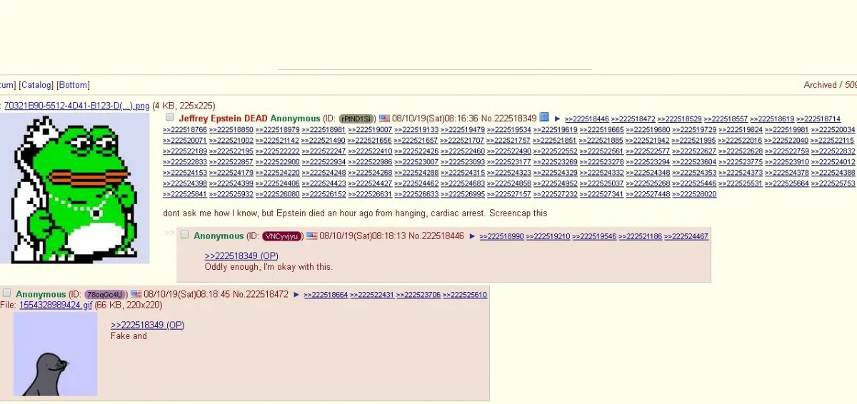 A 4chan user claimed to know about the death of Jeffrey Epstein before his death was officially reported in the media. (Screenshot/4chan.org)