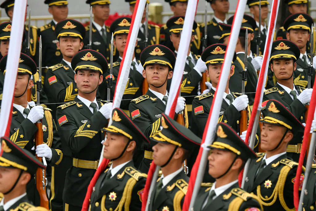 Chinese People's Liberation Army honor guards prepare for a welcome ceremony for Austrian Chancellor Sebastian Kurz at the Great Hall of the People in Beijing on April 28, 2019. (PARKER SONG/AFP/Getty Images)
