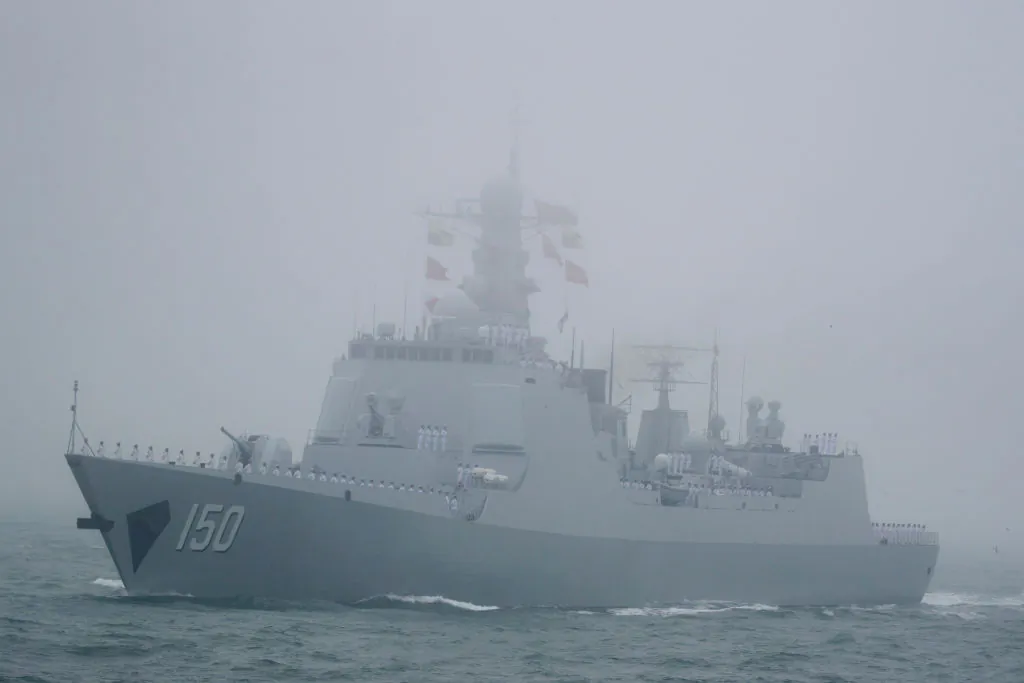 The type 052C destroyer Changchun of the Chinese People's Liberation Army (PLA) Navy participates in a naval parade in Shandong Province, China, on April 23, 2019. (Mark Schiefelbein/AFP/Getty Images)