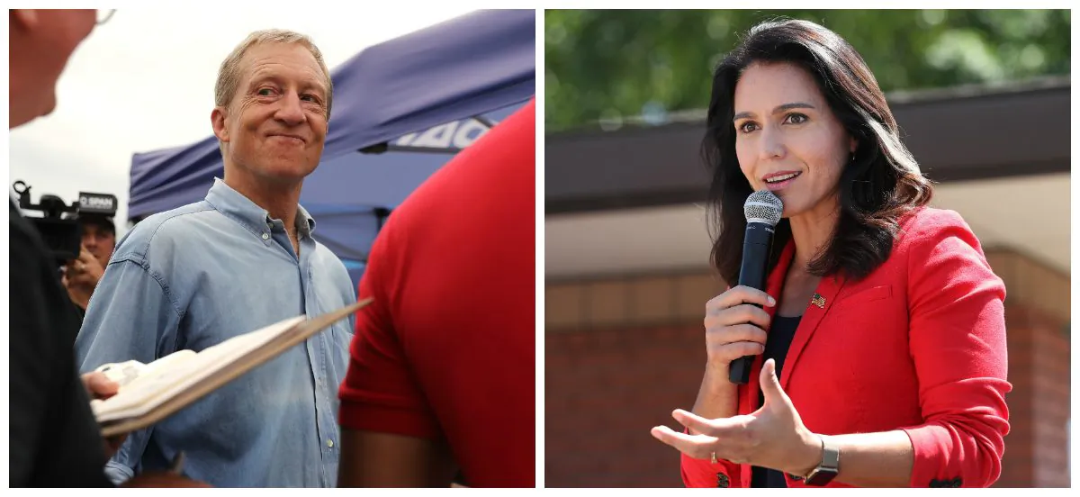 (L) Democratic presidential candidate Rep. Tulsi Gabbard (D-Hawaii) speaks at the Iowa State Fair in Des Moines, Iowa on Aug. 9, 2019. (R) Tom Steyer, a Democratic presidential candidate, talks with fairgoers while walking around the Iowa State Fair on Aug. 11, 2019. (Chip Somodevilla/Getty Images)