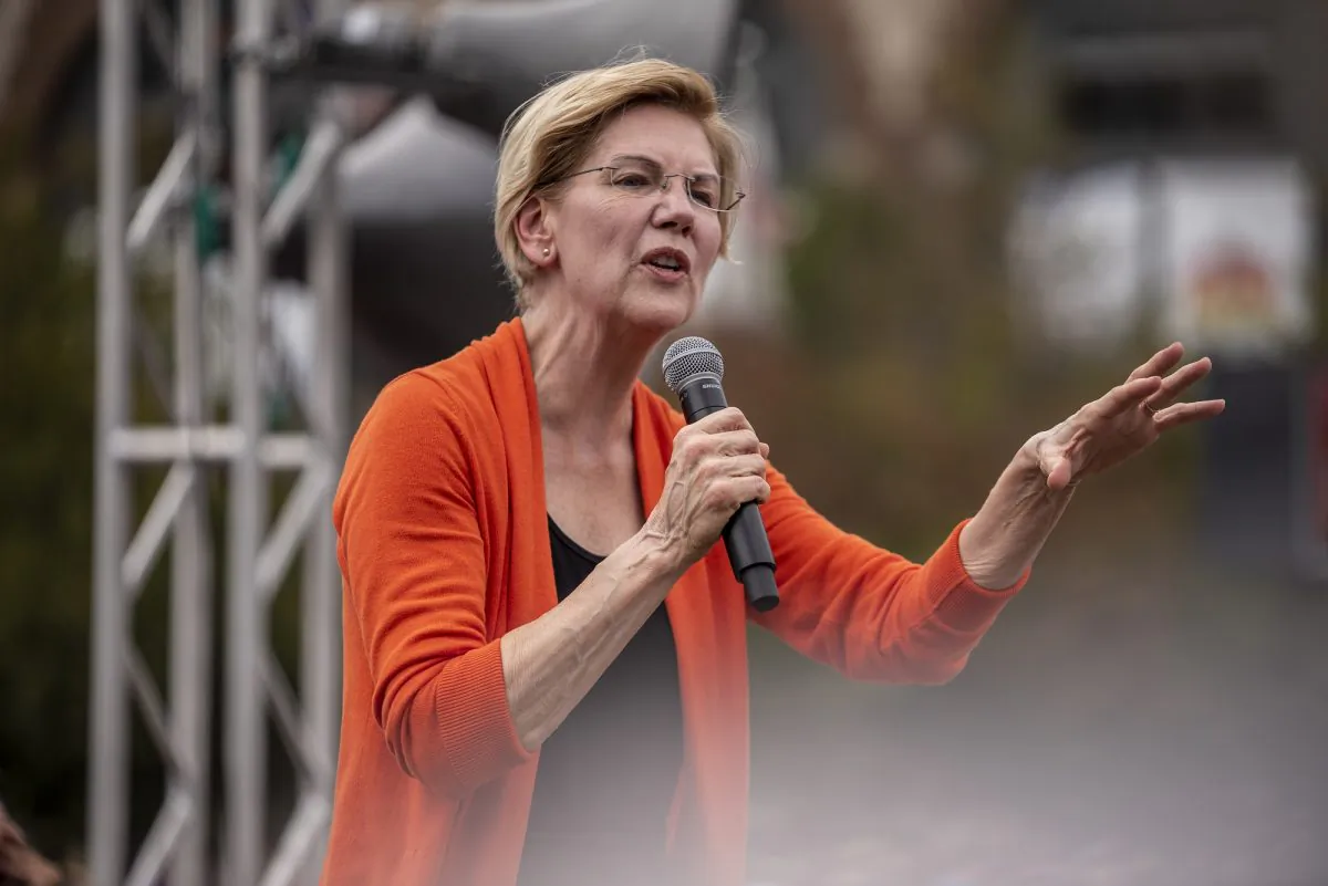 Sen. Elizabeth Warren (D-Mass.) speaks to the crowd at the Iowa State Fair on Aug. 10, 2019. (Sergio Flores/Getty Images)