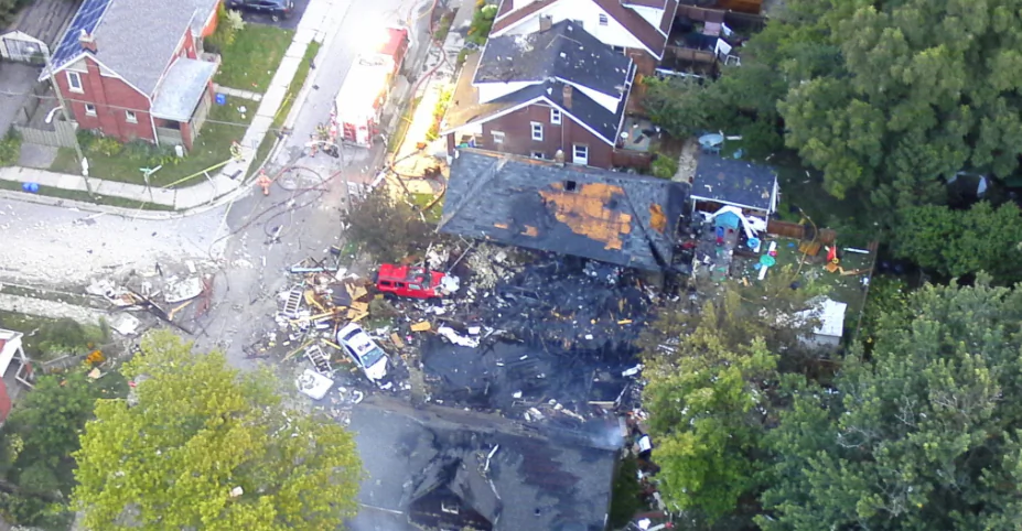 Dozens of people have been displaced from their homes in London, ON., as firefighters continue to battle a growing blaze following a major house explosion on August 14, 2019. (London Police Service)