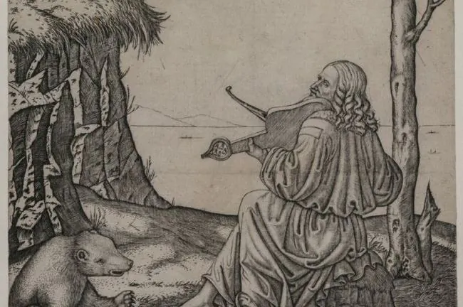 Is this engraving “Orpheus Charming the Animals” really a portrait of Leonardo da Vinci playing an instrument called a lira da braccio? Cleveland Museum of Art. (Public Domain)