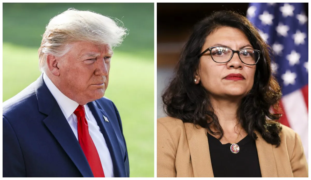 (L)-President Donald Trump speaks to reporters on the White House South Lawn in Washington on Aug. 7, 2019. (Charlotte Cuthbertson/The Epoch Times) (R)-Rep. Rashida Tlaib (D-Mich.) at a press conference on the Capitol on July 15, 2019. (Holly Kellum/NTD)