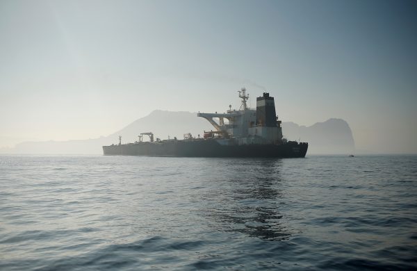 Iranian oil tanker Grace 1 sits anchored after it was seized in July by British Royal Marines off the coast of the British Mediterranean territory, in the Strait of Gibraltar