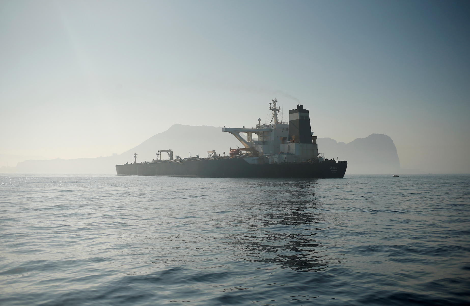 Iranian oil tanker Grace 1 sits anchored after it was seized in July by British Royal Marines off the coast of the British Mediterranean territory, in the Strait of Gibraltar