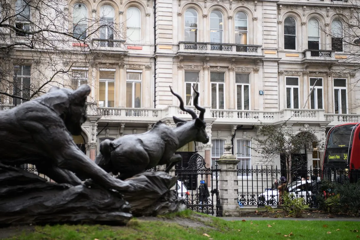 A statue titled "Lioness and Lesser Kudu" by Jonathan Kenworthy is seen outside the headquarters of Orbis Business Intelligence, the company run by former intelligence officer Christopher Steele, on January 12, 2017 in London, England.  (Leon Neal/Getty Images)