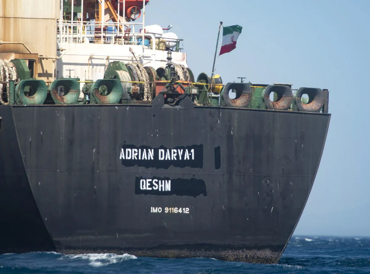 Renamed Adrian Aryra 1 super tanker hosting an Iranian flag sails in the waters in the British territory of Gibraltar on Aug. 18, 2019. (Marcos Moreno/AP Photo)