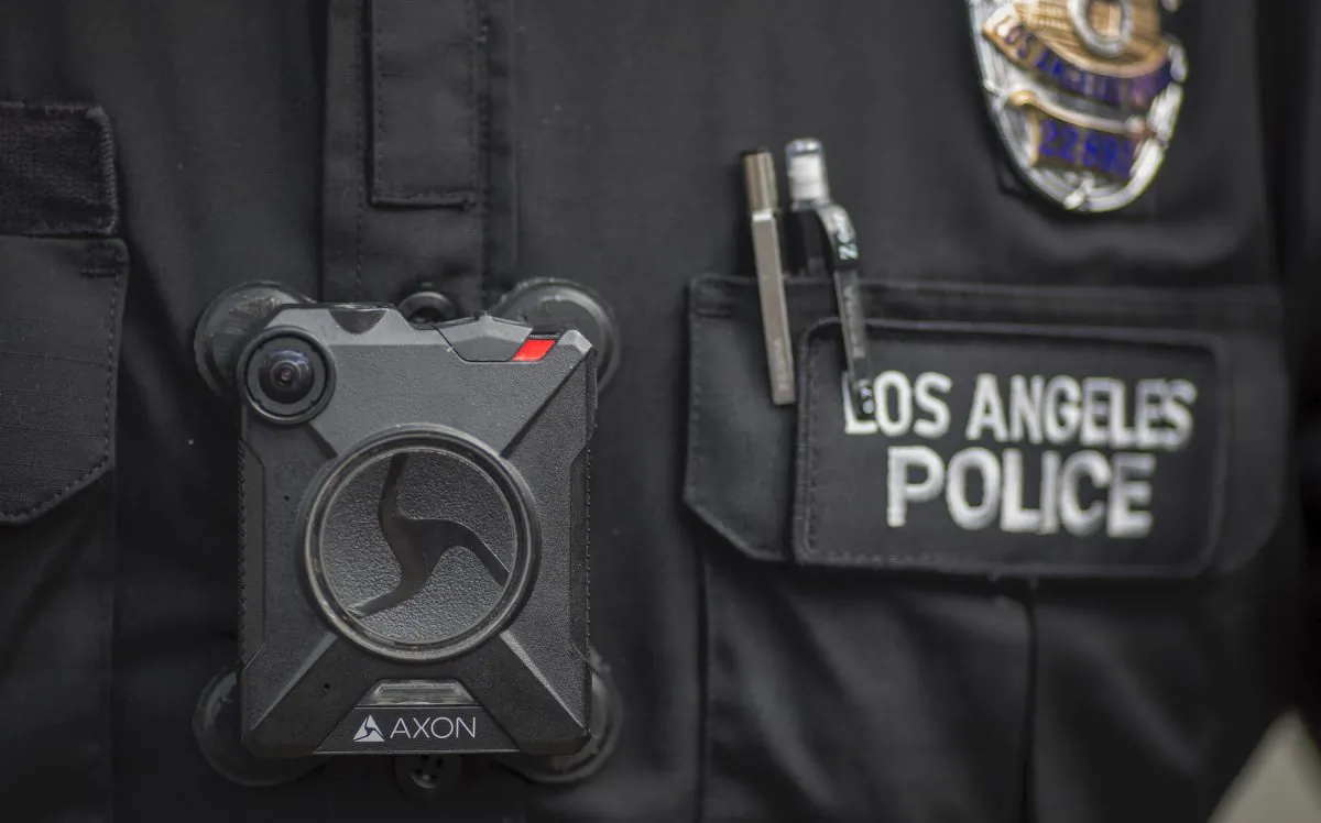 A police officer wears a body camera in Los Angeles on Feb. 18, 2017. (David McNew/Getty Images)