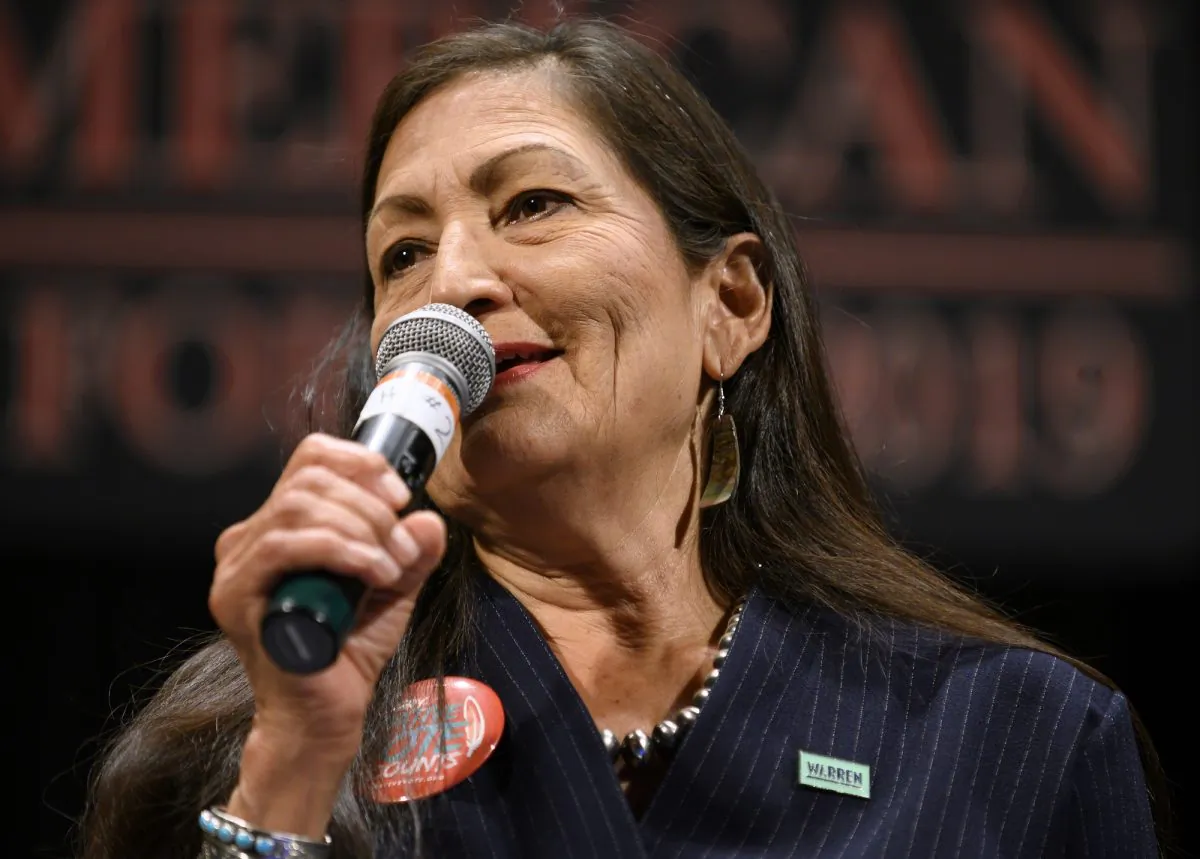 Rep. Deb Haaland (D-NM) speaks at the Frank LaMere Native American Presidential Forum in Sioux City, Iowa, on Aug. 19, 2019. (Photo by Stephen Maturen/Getty Images)