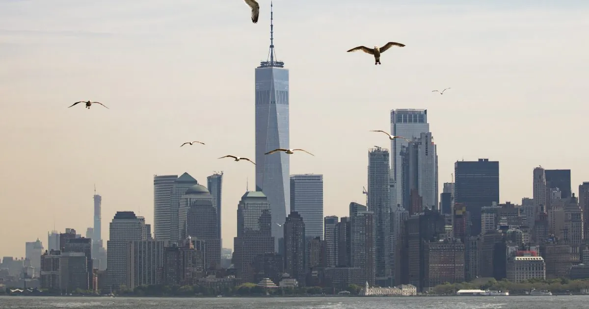 Haze covers lower Manhattan skyline seen from Staten Island on May 17, 2019 in New York City, NY.