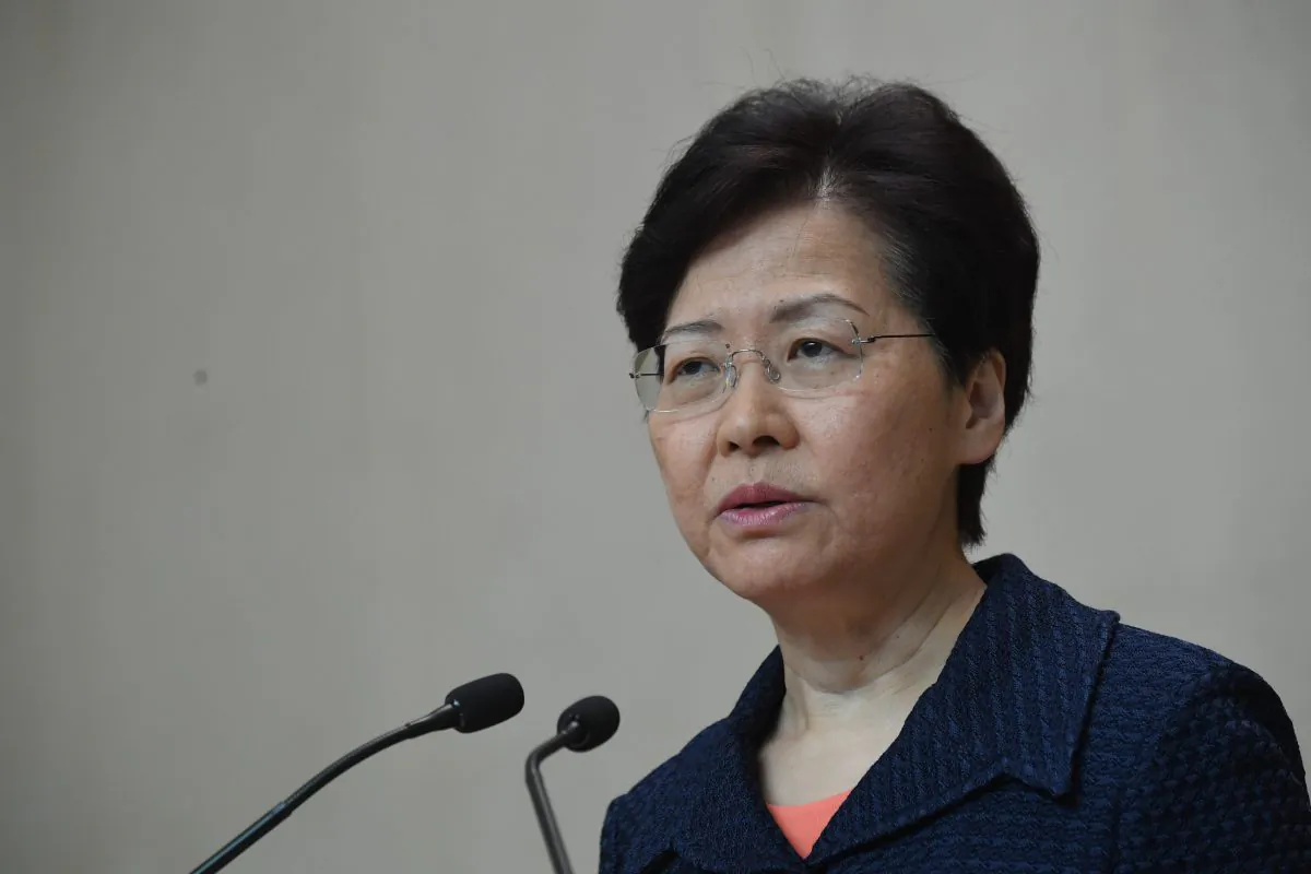 Hong Kong Chief Executive Carrie Lam speaks at a press conference in Hong Kong on Aug. 20, 2019. (Lillian Suwanrumpha/AFP/Getty Images)