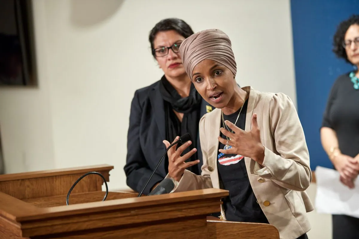 Reps. Ilhan Omar (D-Minn.) and Rashida Tlaib (D-Mich.) hold a news conference in St. Paul, Minnesota on Aug. 19, 2019. (Adam Bettcher/Getty Images)