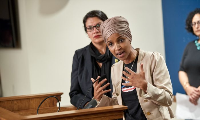 Reps. Ilhan Omar (D-Minn.) and Rashida Tlaib (D-Mich.) hold a news conference in St. Paul, Minnesota on Aug. 19, 2019. (Adam Bettcher/Getty Images)