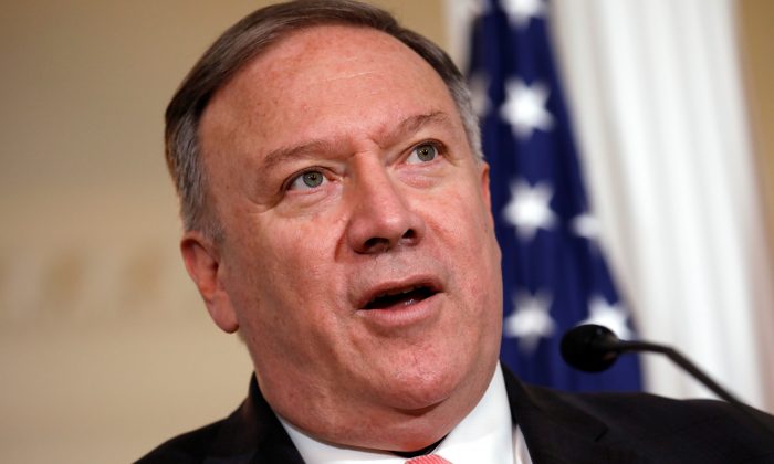 Secretary of State Mike Pompeo speaks to the media at the State Department in Washington on Aug. 7, 2019. (Yuri Gripas/Reuters)