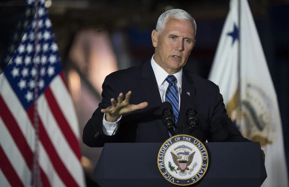 Vice President Mike Pence delivers opening remarks during the sixth meeting of the National Space Council, August 20, 2019 at the Smithsonian National Air and Space Museum's Steven F. Udvar-Hazy Center in Chantilly, VA. (Aubrey Gemignani/NASA via Getty Images)
