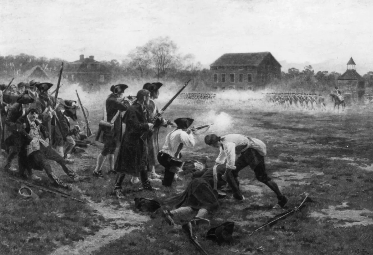 19th April 1775: The Battle of Lexington, which marked the beginning of the American War of Independence. Original Artwork: After William Barnes Wollen (1857-1936) Hulton Archive/Getty Images