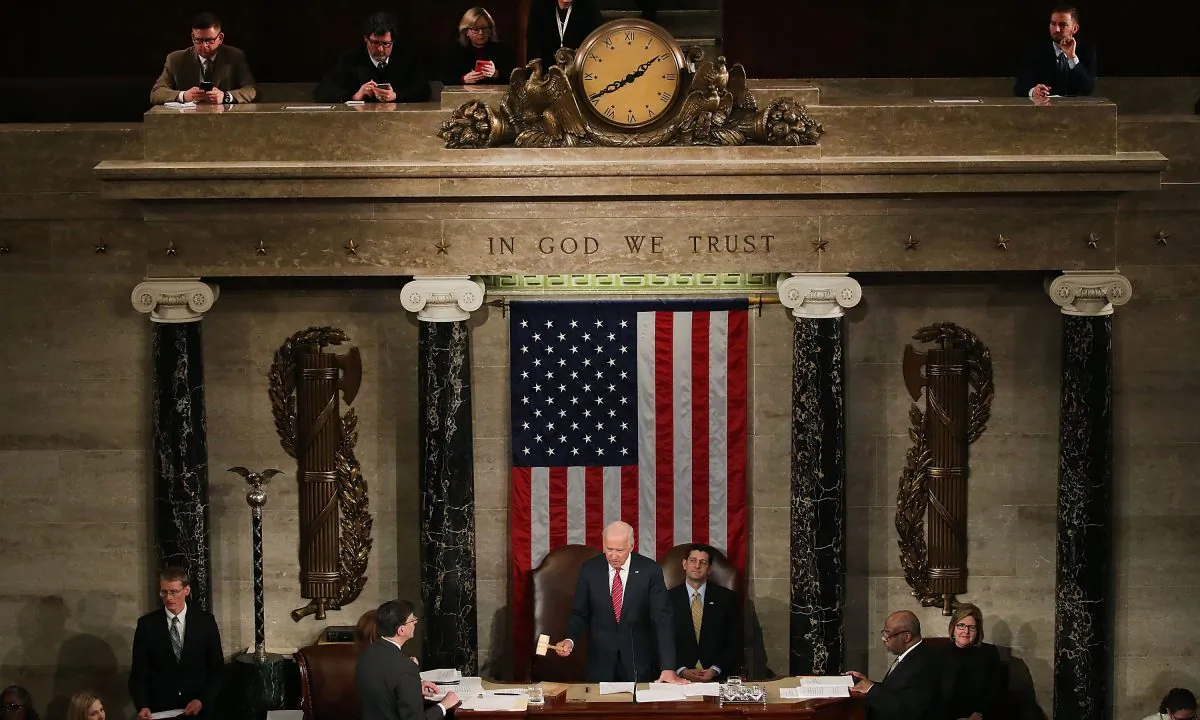 Vice President Joseph Biden (C), presides over the counting of the electoral votes from the 2016 presidential election during a joint session of Congress, on Jan. 6, 2017, in Washington. Mark Wilson/Getty Images