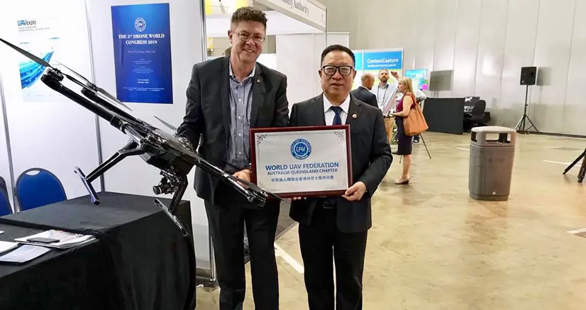 Queensland Member of Parliament Rob Molhoek MP (L) supports Mr Yang's launch of the Queensland chapter of the World UAV Federation in Brisbane, Australia, on Aug. 9., 2018. (Courtesy of Rob Molhoek/Facebook)