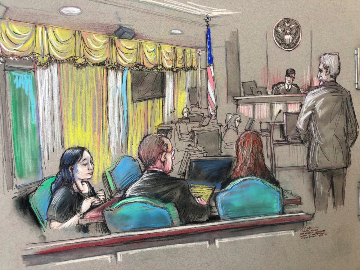 A file court sketch, Yujing Zhang (L), a Chinese woman charged with lying to illegally enter President Donald Trump's Mar-a-Lago club, listens to a hearing before Magistrate Judge William Matthewman in West Palm Beach, Fla., on Apr. 15, 2019. (Daniel Pontet via AP, File)