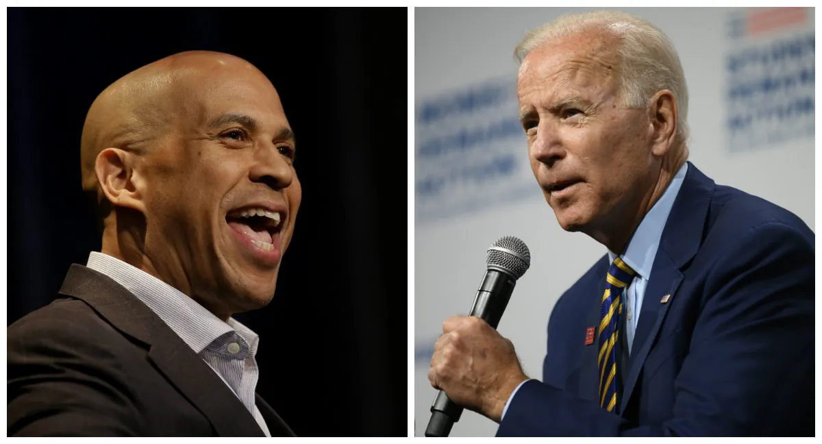 (L)-Democratic presidential candidate, Sen. Cory Booker (D-N.J.) speaks at the Iowa Federation Labor Convention in Altoona, Iowa on Aug. 21, 2019. (Photo by Joshua Lott/Getty Images) (R)-Former Vice President and current presidential candidate Joe Biden, at a gun safety forum in Des Moines, Iowa on Aug. 10, 2019. (Stephan Maturen/Getty Images)