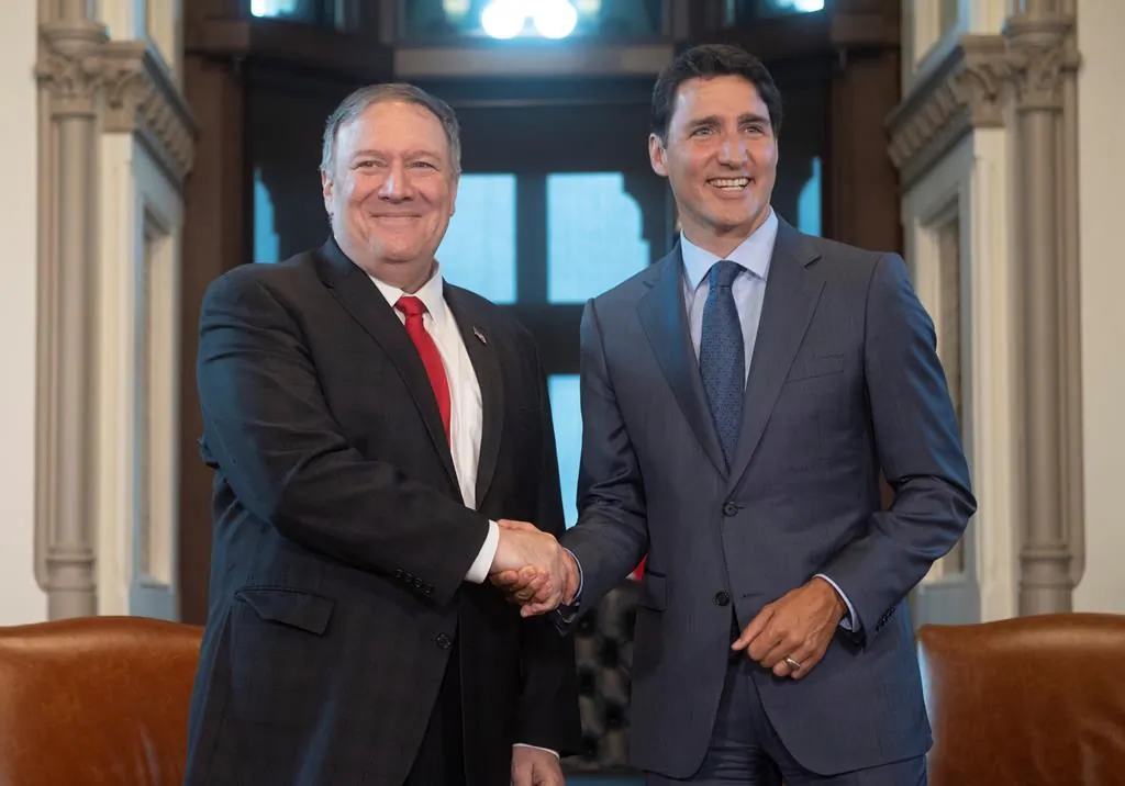 Canadian Prime Minister Justin Trudeau meets with US Secretary of State Mike Pompeo on Parliament Hill in Ottawa, August 22, 2019. (Adrian Wyld/The Canadian Press)