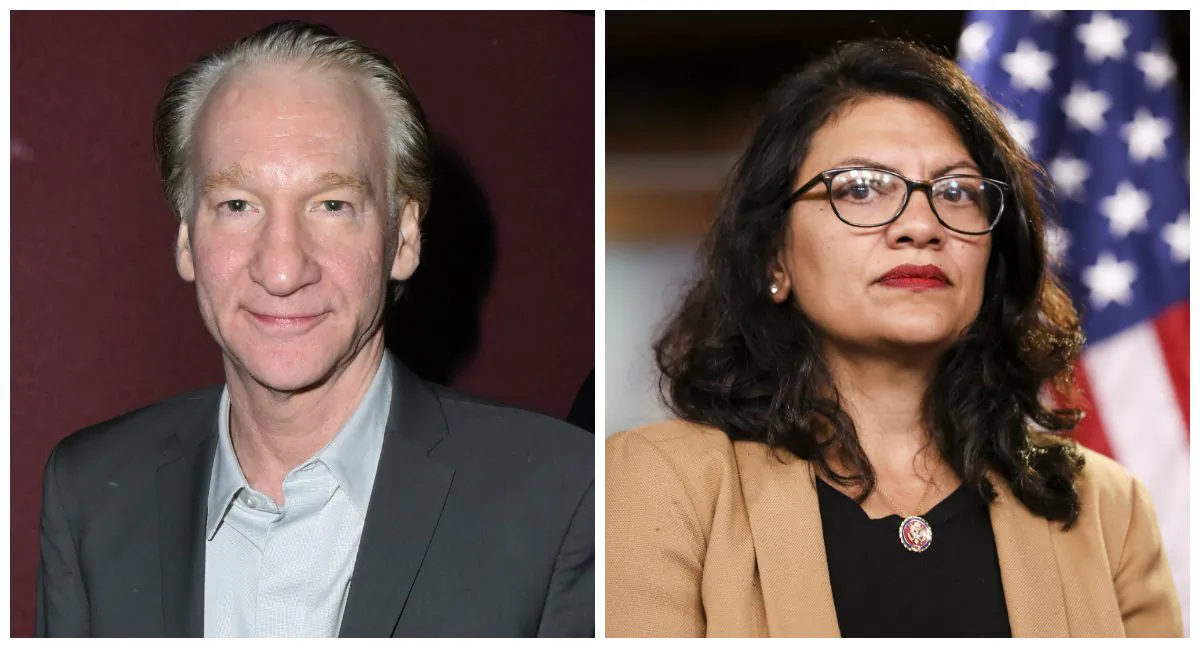 (L) Bill Maher in Hollywood, California on Oct. 24, 2017. (Vivien Killilea/Getty Images for Electric Entertainment) (R) Rep. Rashida Tlaib (D-Mich.) at a press conference in Washington on July 15, 2019. (Holly Kellum/NTD)