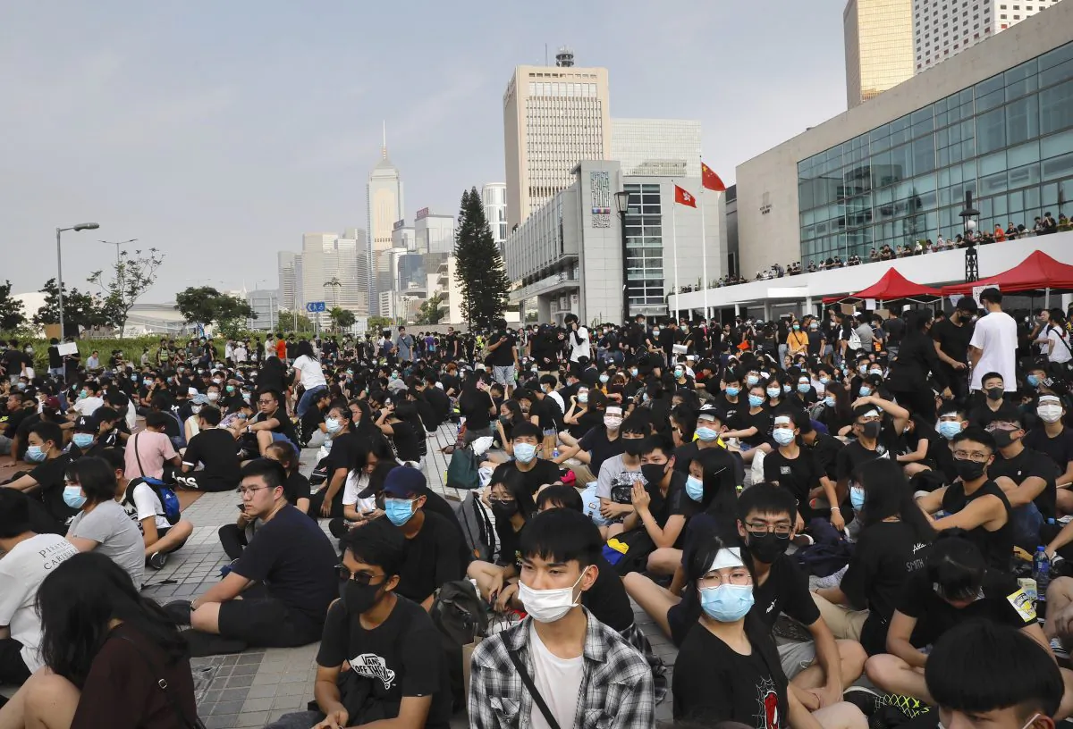 Students and others gather during a demonstration at Edinburgh Place in Hong Kong on Aug. 22, 2019. (Vincent Yu/AP)