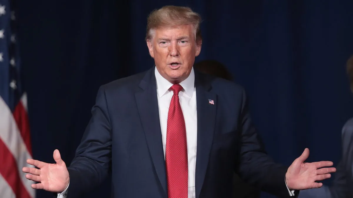 President Donald Trump speaks to guests during the Joint Opening Ceremony at the American Veterans (AMVETS) 75th National Convention at the Galt House in Louisville, Ky., on Aug. 21, 2019. (Scott Olson/Getty Images)