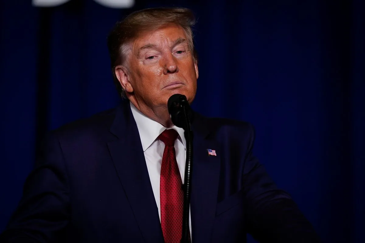 President Donald Trump speaks at the AMVETS (American Veterans) National Convention in Louisville, Ky., on Aug. 21, 2019. (Bryan Woolston/Reuters)