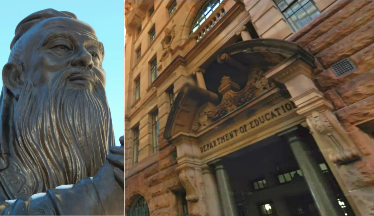 L: Picture of Confucius (Pixabay). R: Screenshot of NSW Department of Education (Google Maps).