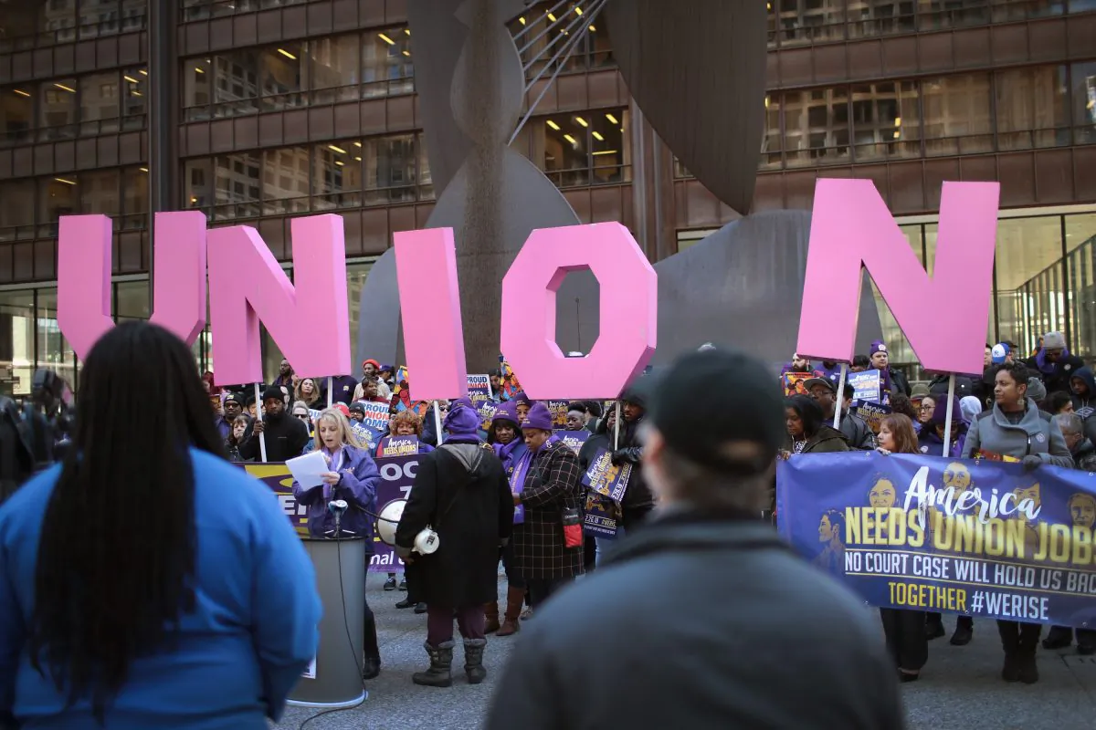Members of the Service Employees International Union (SEIU) hold a rally in support of the American Federation of State County and Municipal Employees (AFSCME) union at the Richard J. Daley Center plaza on Feb. 26, 2018 in Chicago, Ill. (Scott Olson/Getty Images)