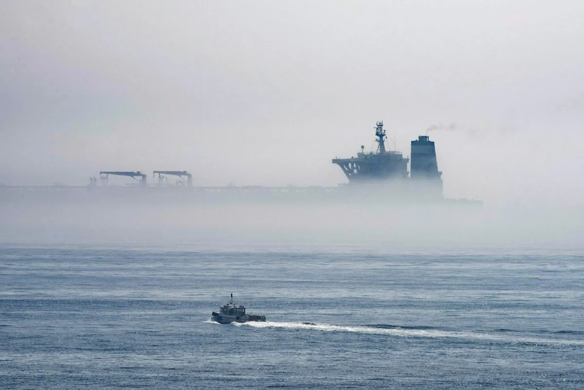 A view of the Grace 1—now known as Adrian Darya 1—supertanker is seen through the sea fog, in the British territory of Gibraltar, on Aug. 15, 2019. It was seized in July in a British Royal Navy operation off Gibraltar. (AP Photo/Marcos Moreno)