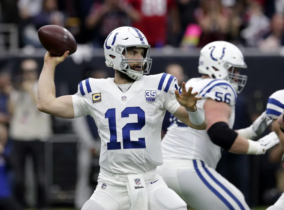 Indianapolis Colts quarterback Andrew Luck (12) throws against the Houston Texans during the first half of an NFL wild card playoff football game in Houston on Jan. 5, 2019. The ever-changing diagnosis for his strained left calf and ankle is dredging up bad memories of 2017 when his recovery from shoulder surgery kept him out all season. (AP Photo/Michael Wyke, File)
