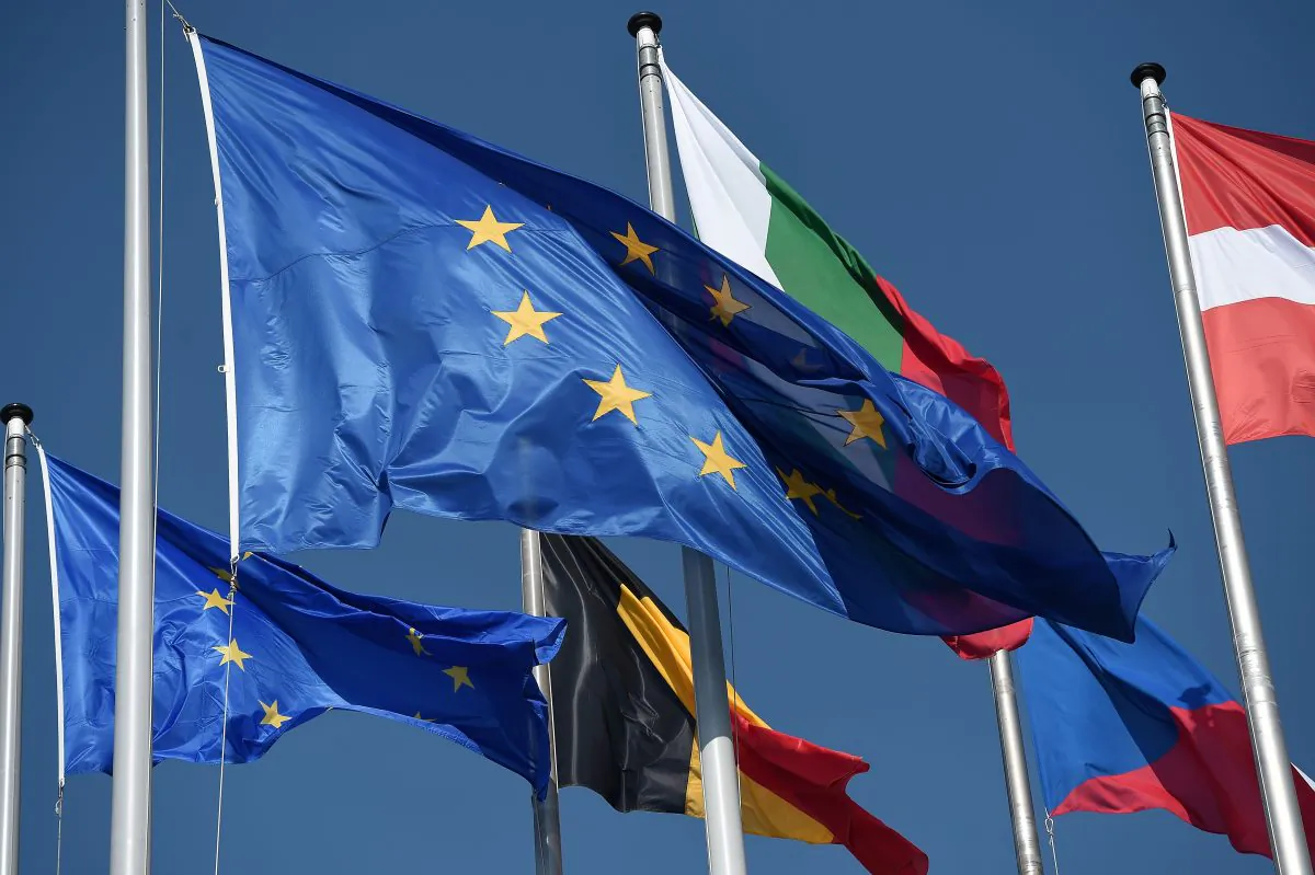 Flags of the European Union fly next to flags of EU member countries at the European Parliament in Strasbourg, France, on July 1, 2019. (Frederick Florin/AFP/Getty Images)