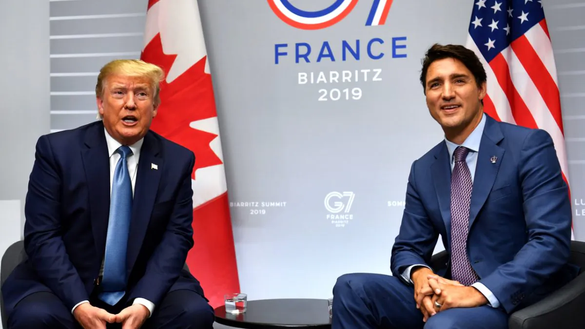 President Donald Trump (L) and Canada's Prime Minister Justin Trudeau pose as they take part in a bilateral meeting at the Bellevue centre in Biarritz, south-west France on the second day of the annual G7 Summit attended by the leaders of the world's seven richest democracies, Britain, Canada, France, Germany, Italy, Japan and the United States  on Aug. 25, 2019. (Nicholas Kamm/AFP/Getty Images)