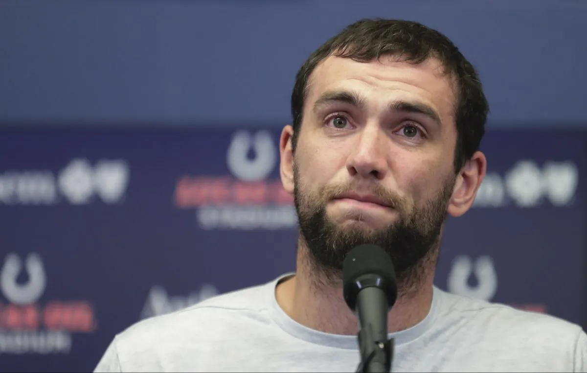 Indianapolis Colts quarterback Andrew Luck speaks during a news conference following an NFL preseason football game against the Chicago Bears, in Indianapolis, on Aug. 24, 2019. (Michael Conroy/AP Photo)