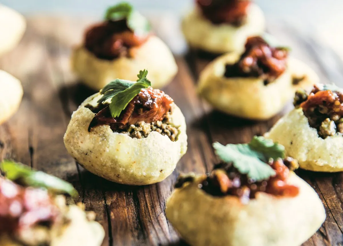 Shepherd's Indian "puffy tacos," his take on pani puri. (Julie Soefer)