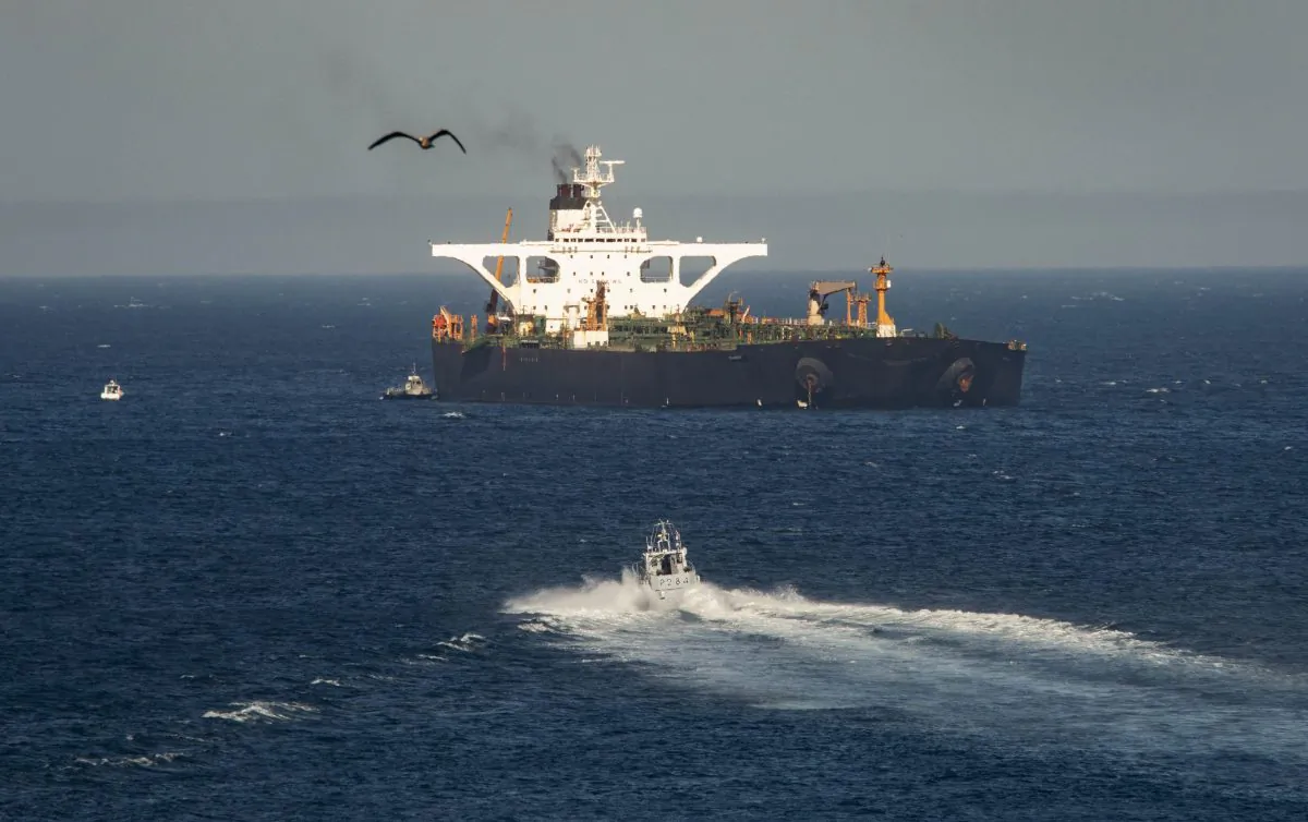 A supertanker hosting an Iranian flag is seen on the water in the British territory of Gibraltar on Aug. 18, 2019. (Marcos Moreno/AP Photo)