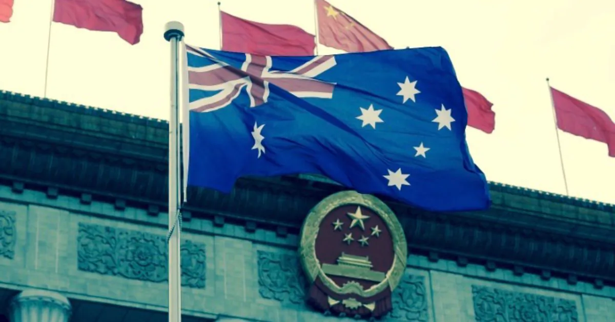 Australian flag flutters in front of the Great Hall of the People in Beijing, China, on April 14, 2016. (Jason Lee/Reuters)