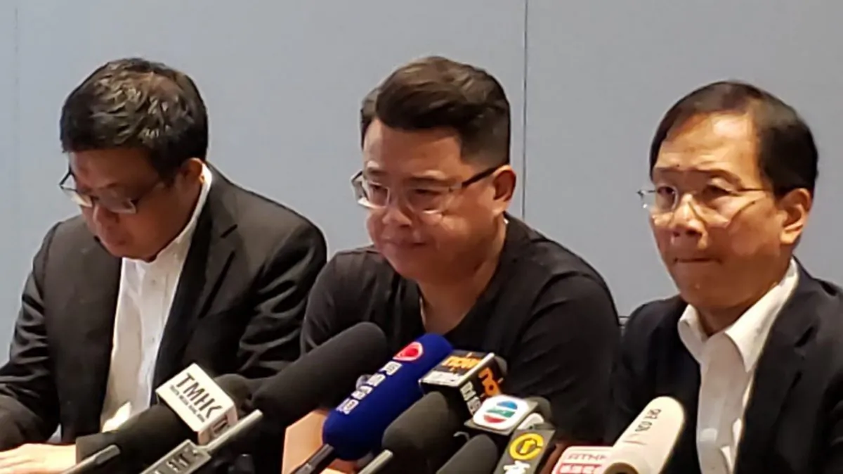 (L-R) Pro-democracy camp politicians James To, Andrew Wan, and Kwok Ka-ki hold a press conference in Hong Kong on Aug. 26, 2019. (Sarah Liang/The Epoch Times)