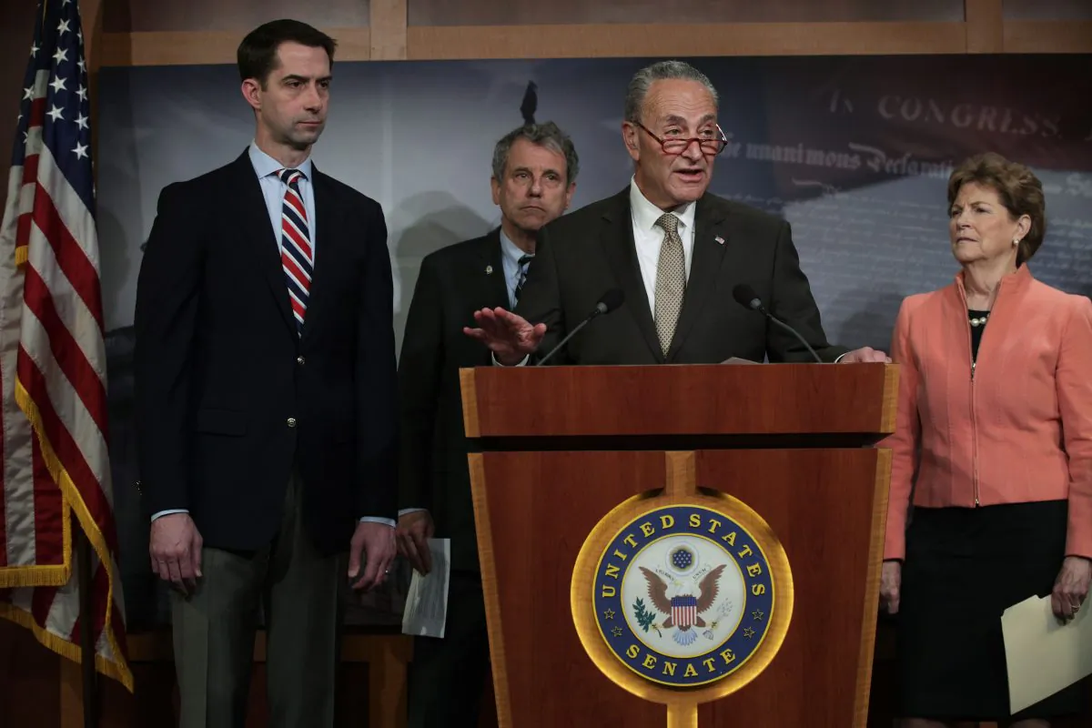 U.S. Senate Minority Leader Sen. Chuck Schumer (D-NY) speaks as (L-R) Sen. Tom Cotton (R-AR), Sen. Sherrod Brown (D-OH) and Sen. Jeanne Shaheen (D-NH) listen during a news conference at the U.S. Capitol in Washington, D.C. on April 4, 2019. The lawmakers are unveiling bipartisan legislation that aims to regulate the trafficking of fentanyl into the U.S. from China. (Alex Wong/Getty Images)