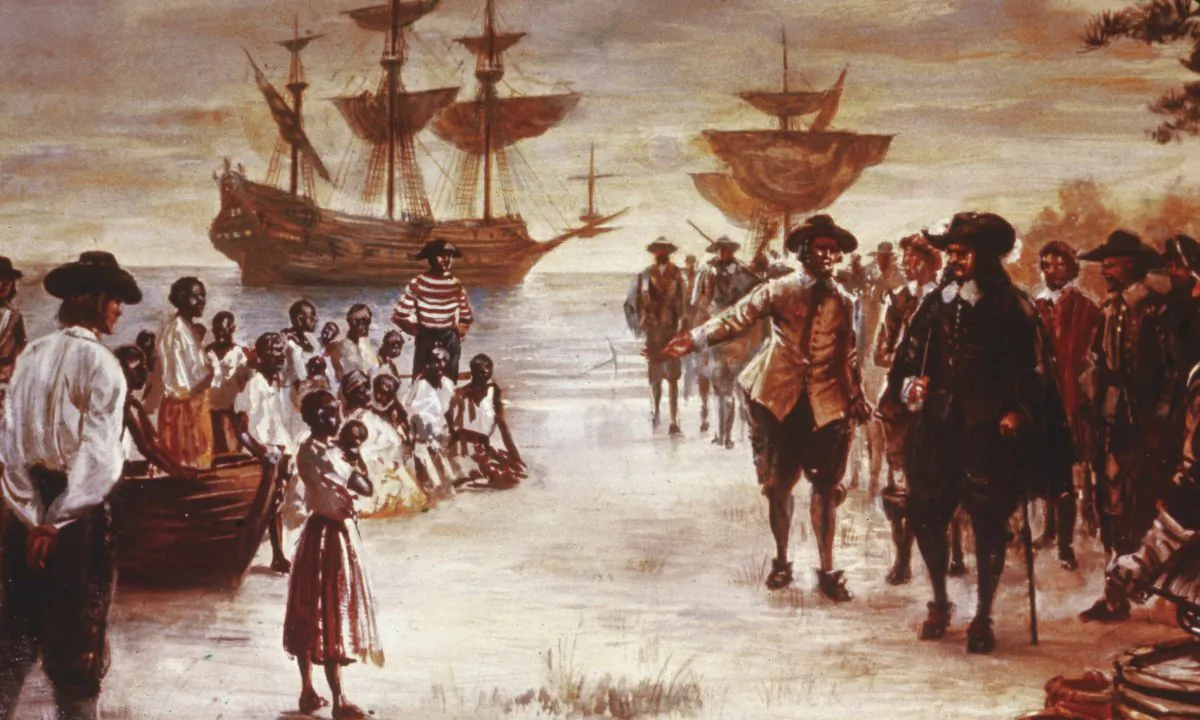 Engraving shows the arrival of a Dutch slave ship with a group of African slaves for sale, Jamestown, Va., 1619. Hulton Archive/Getty Images
